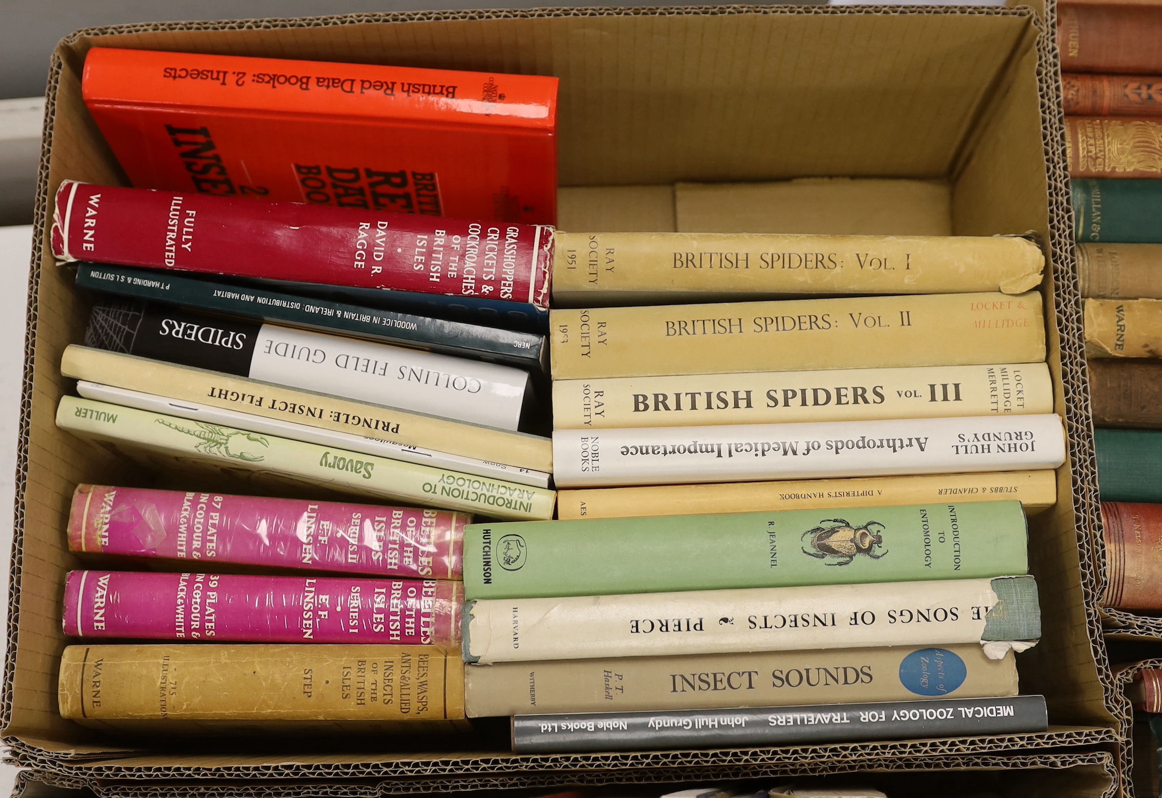 Linssen, E.F. - Beetles of the British Isles. 2 vols. num. plates (some coloured); publisher's leather and d/wrappers, 1959; Locket, G.H. & Millidge, A.F. - British Spiders, 3 vols, coloured frontis, num. text illus.; pu